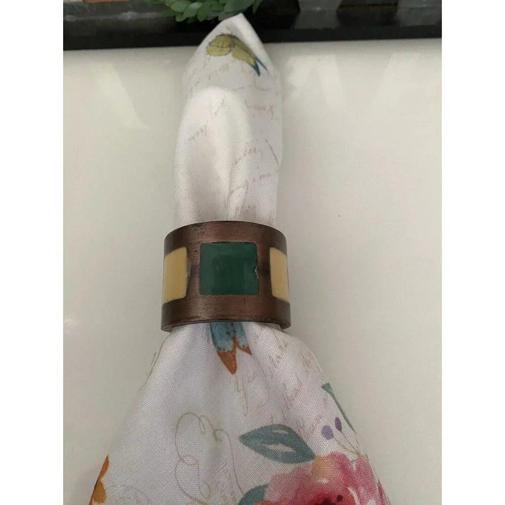 Vintage 1980s Pier 1 Napkin Rings Bronze Green Yellow Inlay‎ Set of 4 Retro EUC